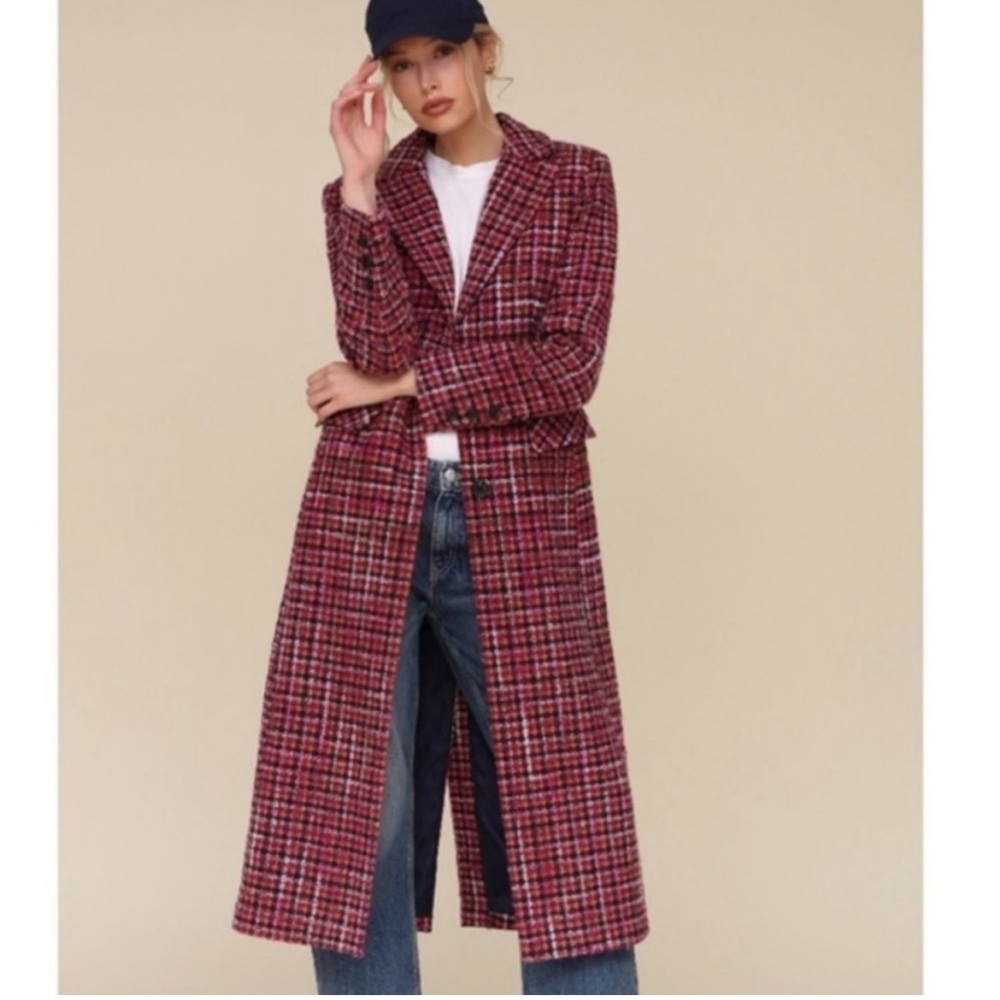 NWT Avec Les Filles | Tweed Long Midi Coat Pink Navy Blue, Women's Small